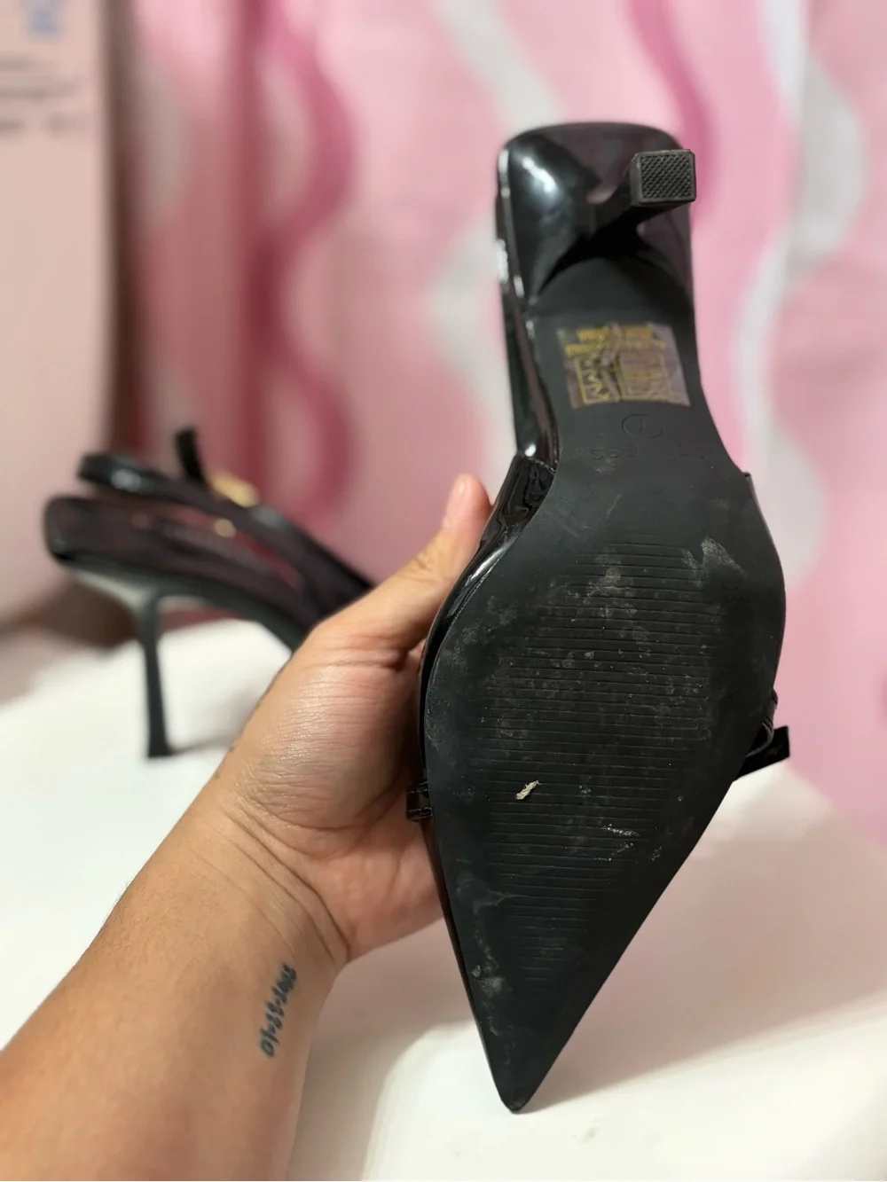 Black Patent Pointed-Toe Slingback Heels with Gold Buckle